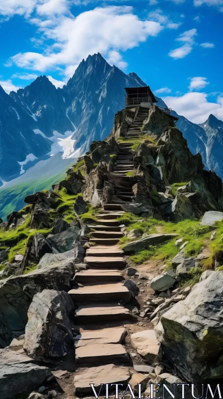 Wooden Staircase Leading to a Majestic Mountain Peak AI Image