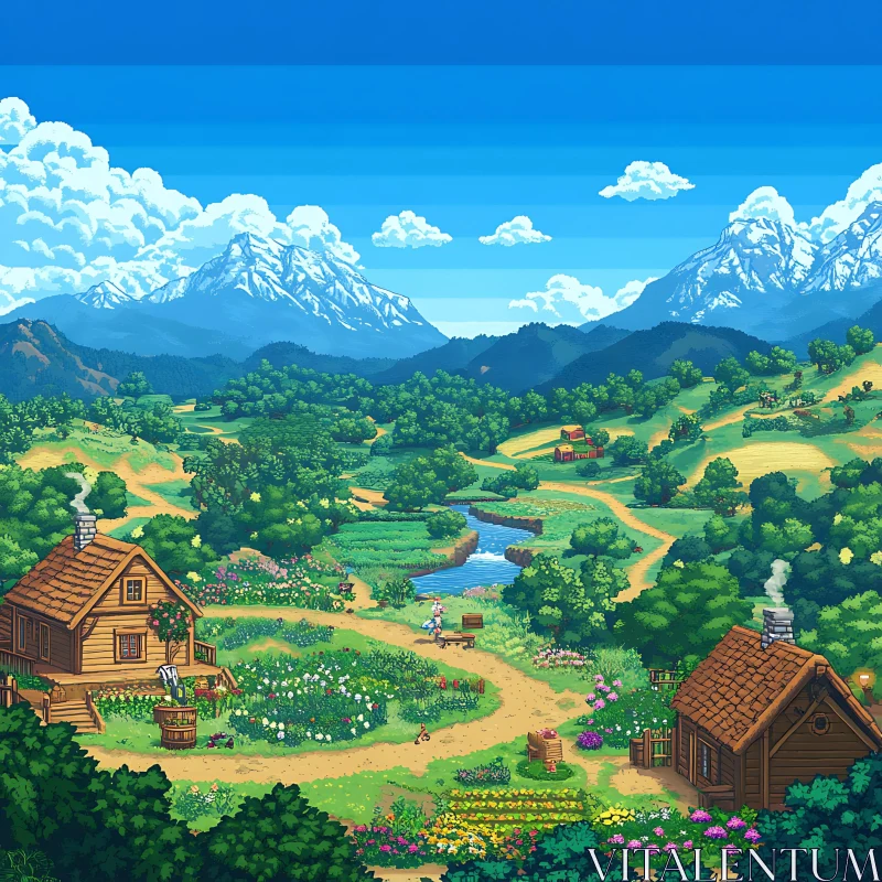 AI ART Peaceful Pixel Meadow with Cottages