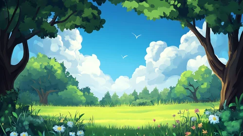 Green Meadow and Sky Landscape