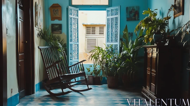 AI ART Vintage Room with Indoor Plants and Open Door