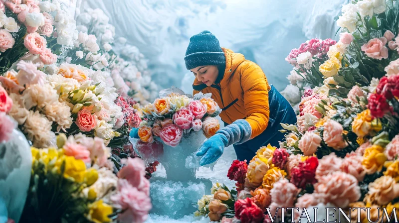 AI ART Woman Arranging Flowers in Icy Winter Garden