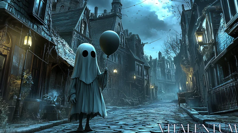 Ghost with Balloon in Spooky Town AI Image