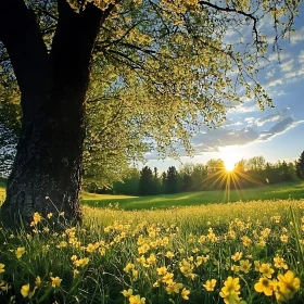 Spring Meadow with Yellow Flowers and Sun