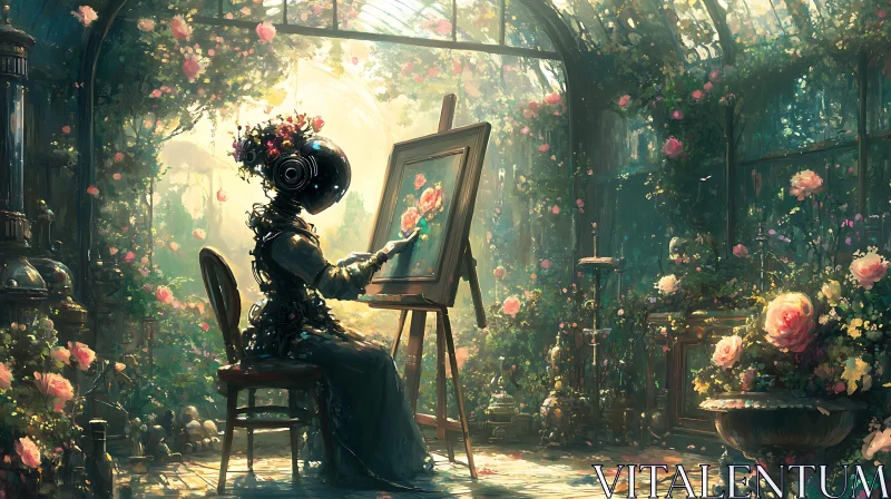 Artificial Intelligence Painting Amidst Blooming Roses AI Image