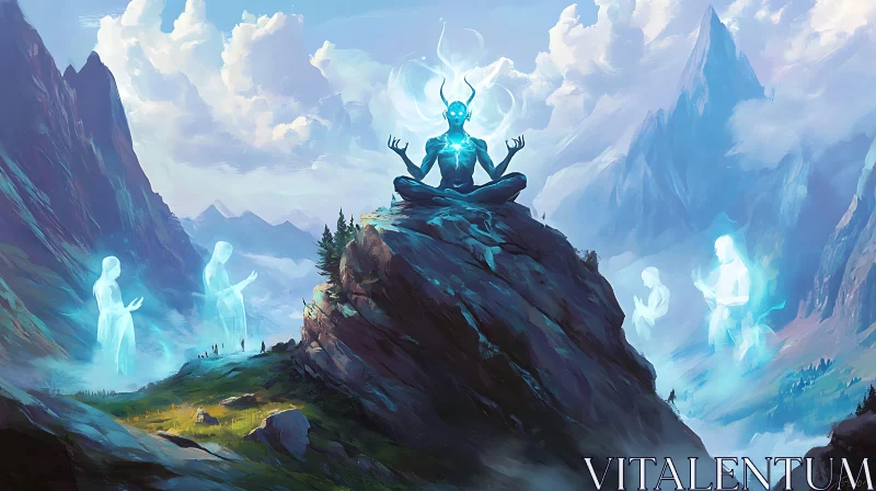 Blue Entity Meditation on Mountain Top AI Image