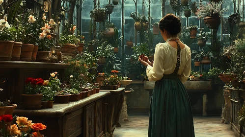 Woman in Vintage Greenhouse with Potted Plants