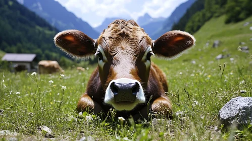 Alpine Cow in Green Pasture