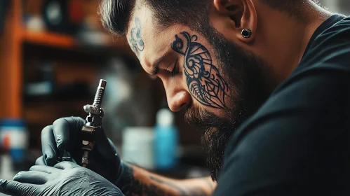 Focused Tattoo Artist with Intricate Face Tattoo