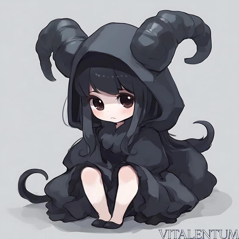 AI ART Anime Demon Girl in Dark Hooded Cloak