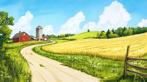 Picturesque Farm with Golden Field and Barn