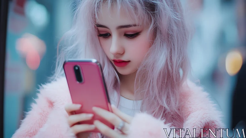 Woman with Pink Hair and Phone AI Image