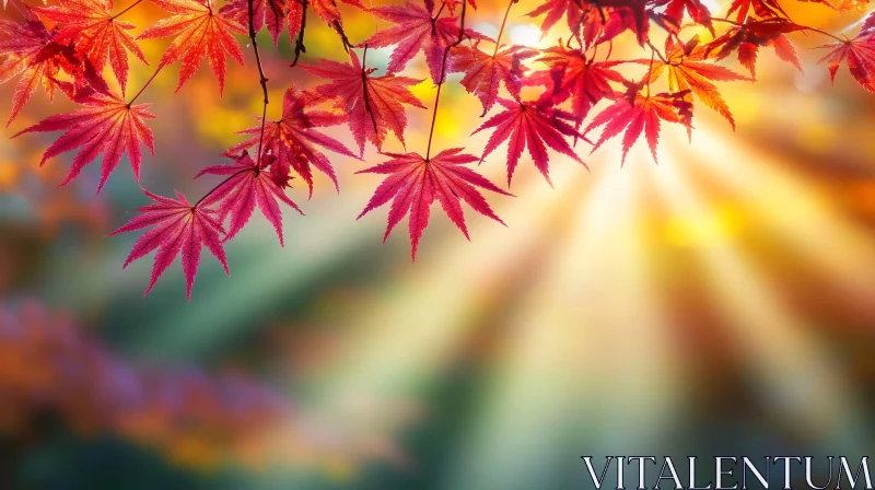 Vibrant Red Maple Leaves in Sunbeam AI Image