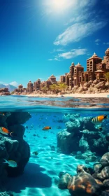 A Captivating Underwater Artwork with Coral Reef and Buildings