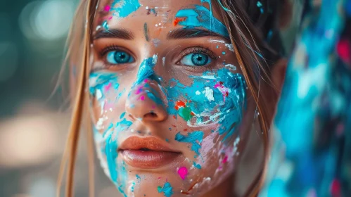 Captivating Portrait of a Woman with Blue Eyes and Colorful Paint