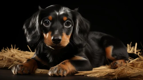 Chiaroscuro Style Dachshund Puppy on Straw Background