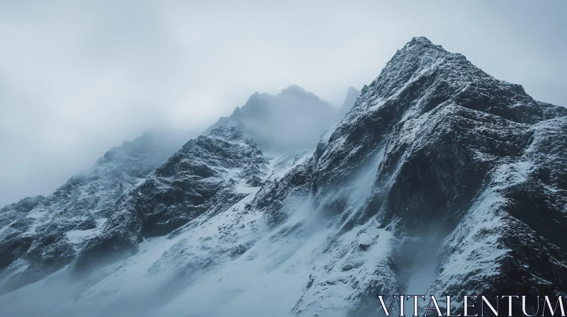 AI ART Rugged Mountain Peak Shrouded in Fog