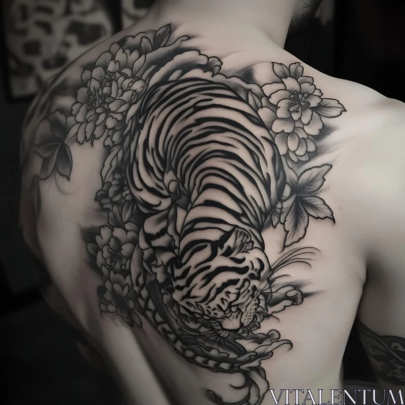 Exquisite Floral and Tiger Back Tattoo in Monochrome AI Image