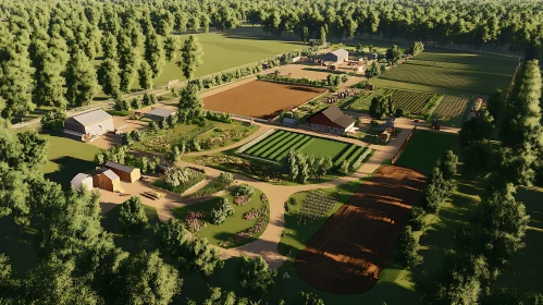 Aerial Farm Scenery with Fields and Buildings