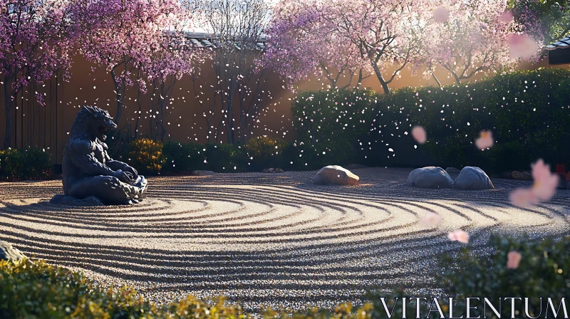 Zen Garden with Wolf Statue and Flowers AI Image