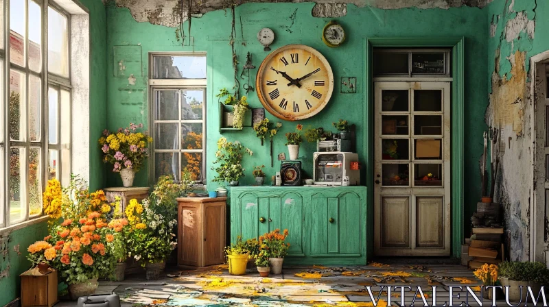 AI ART Floral Room with Vintage Clock