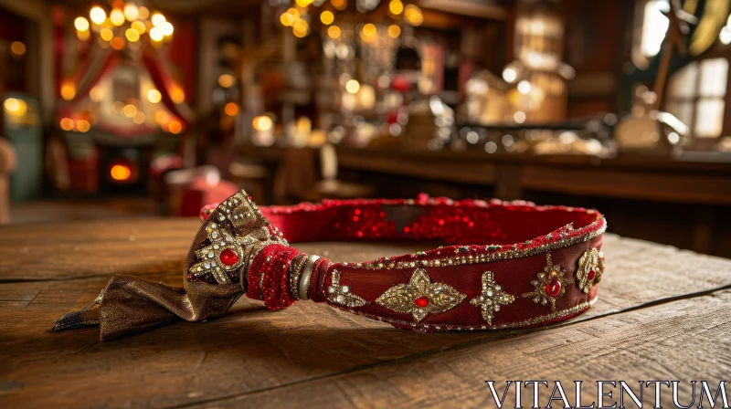 Elegant Red Belt with Gold Embroidery and Gems on Wooden Table AI Image