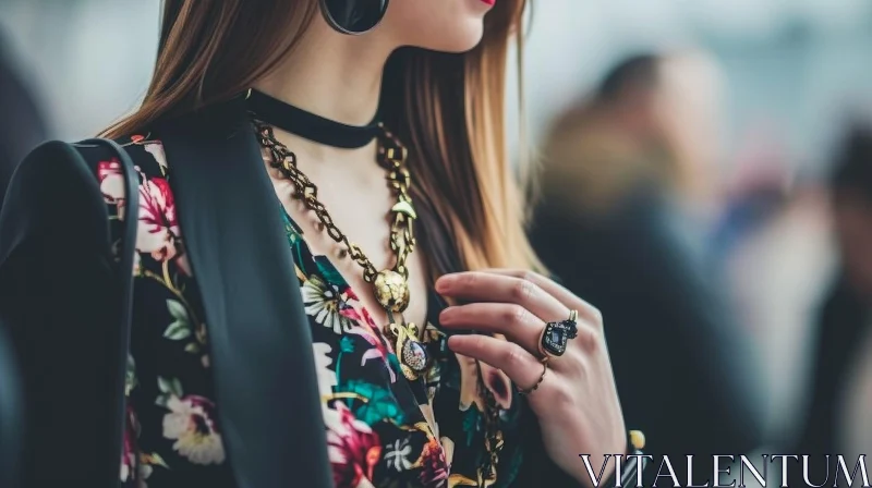 Elegant Woman in Floral Dress and Black Jacket AI Image
