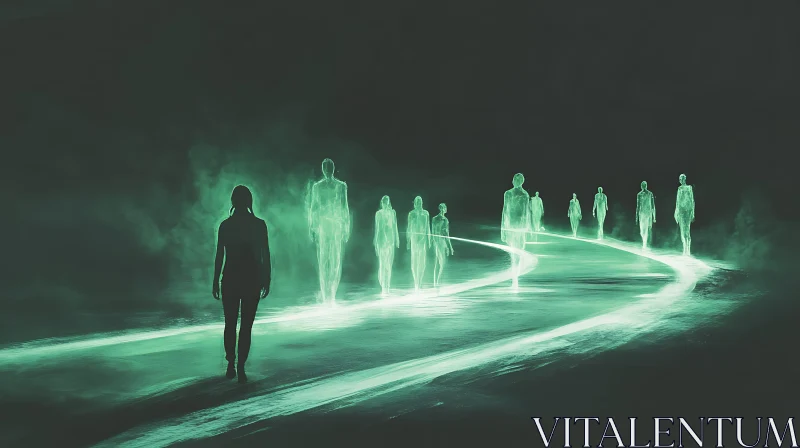 AI ART Ghostly Figures on Luminous Trail