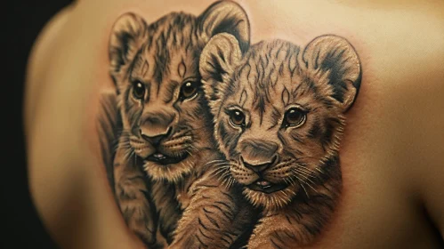 Detailed and Lifelike Lion Cubs Tattoo on Back