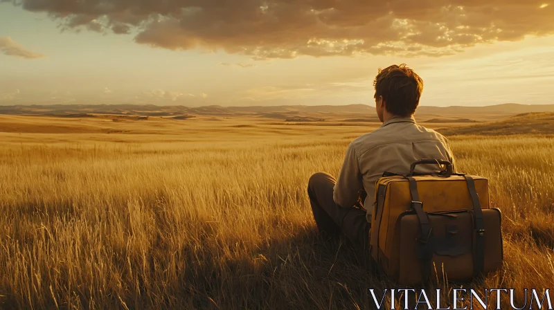 Man with Suitcase in Field at Sunset AI Image