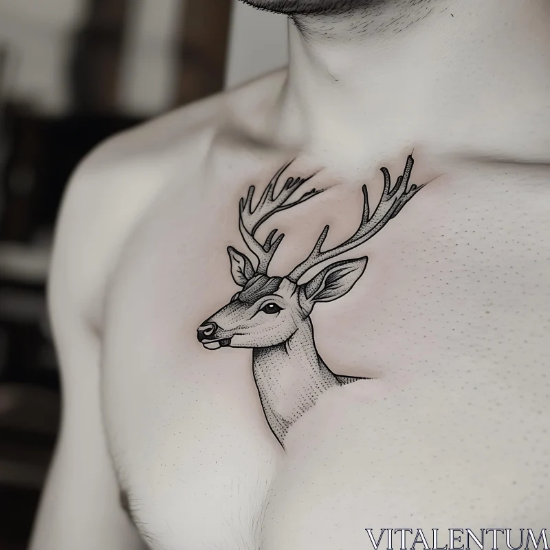 Intricate Chest Tattoo of a Deer with Antlers AI Image