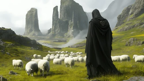 Cloaked Figure Overlooking Sheep in Mountain Valley