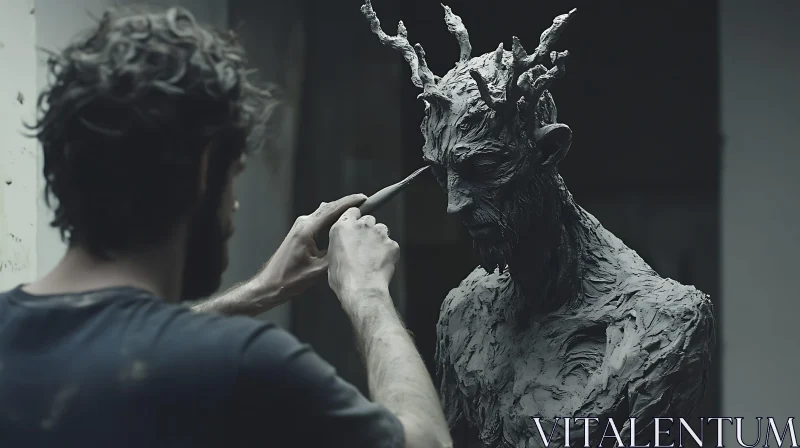 Clay Sculpture of a Man with Antlers AI Image