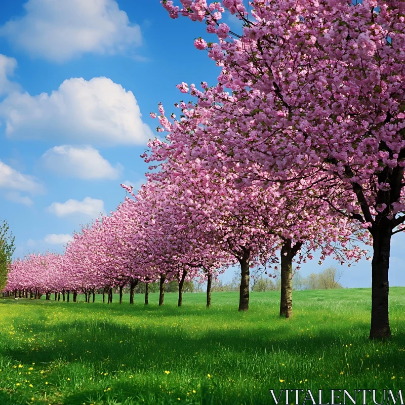 Blooming Cherry Trees on Green Meadow AI Image