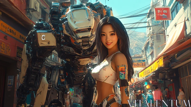 Cyborg and Robotic Entity in Futuristic Urban Setting AI Image