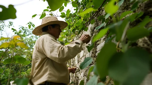 Man tending vines on stone wall