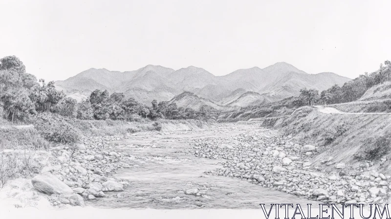 AI ART Monochrome Sketch of River through Mountains