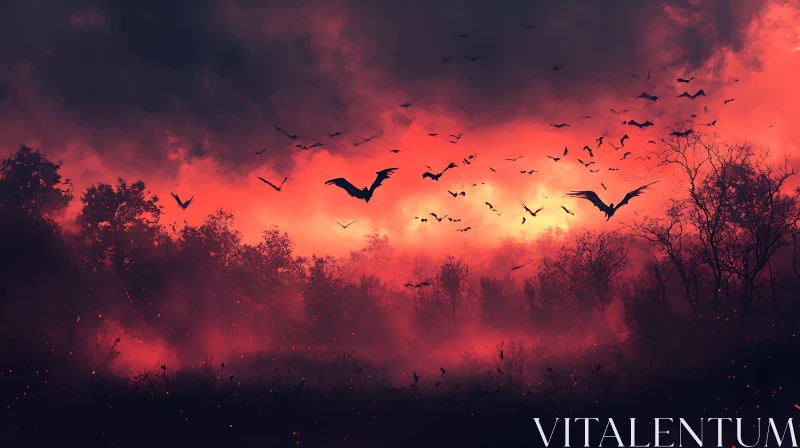 Silhouette of Bats in Red Sky AI Image