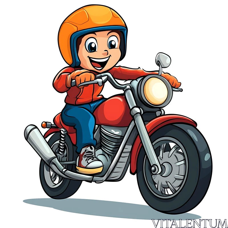 AI ART Cheerful Boy on Red Motorcycle Cartoon