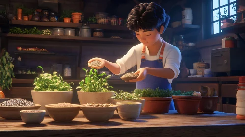 Young Gardener with Potted Herbs