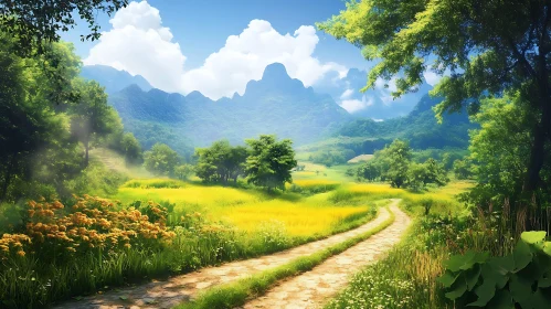 Scenic Landscape of Meadow and Mountains