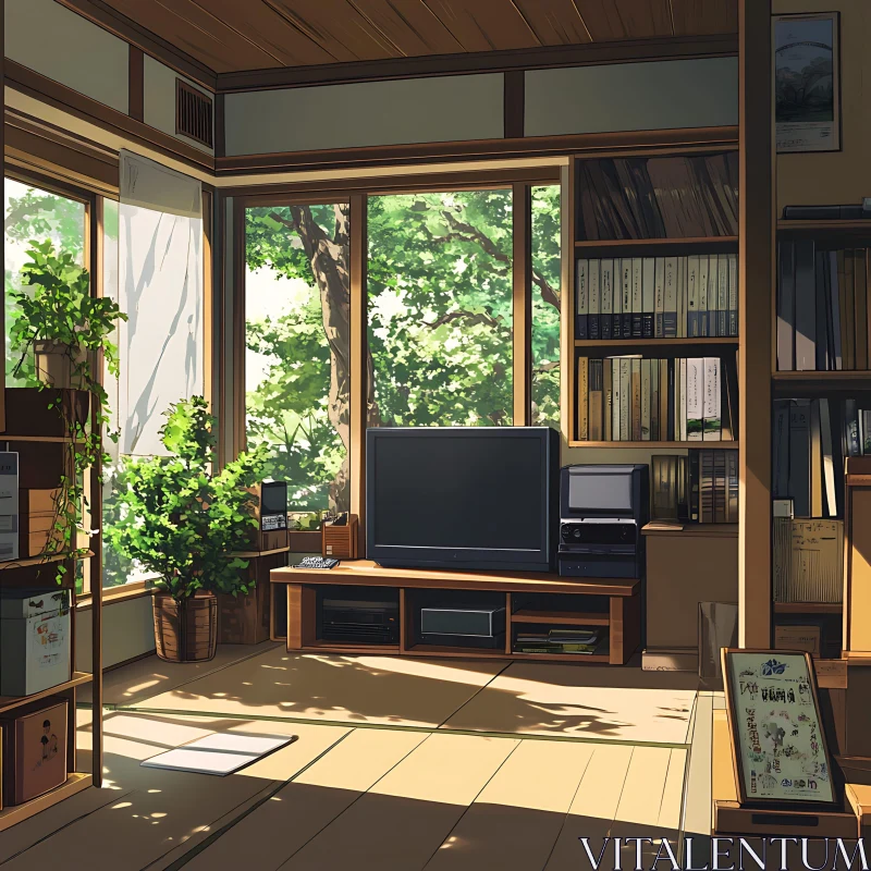 Cozy Interior with Natural Light and Greenery AI Image