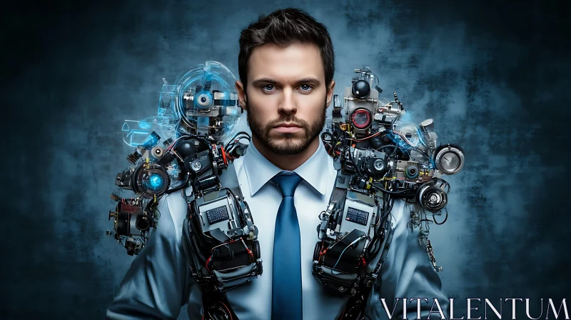 Businessman with Futuristic Cyborg Enhancements AI Image