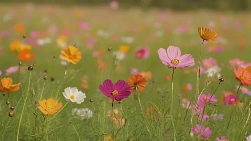 Field of Multicolored Cosmos Flowers