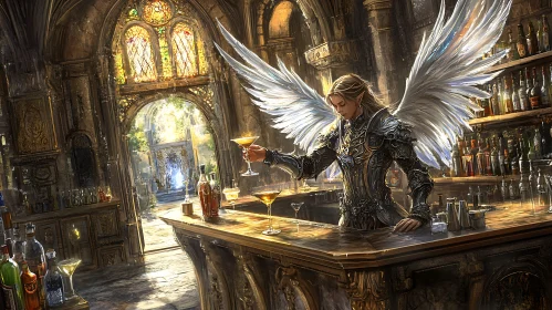 Winged Angel Mixing Drinks at Bar