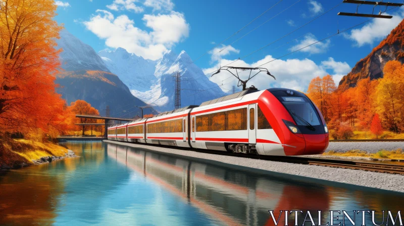 Red and Black Train Pulling Towards a Lake | Realistic Hyper-Detailed Rendering AI Image