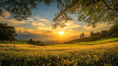Picturesque Sunset Landscape with Flowers