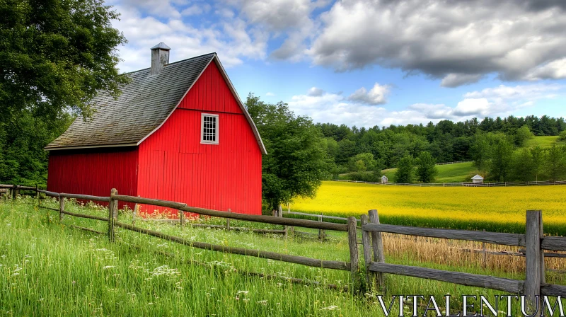 Idyllic Countryside with Red Barn and Flowers AI Image