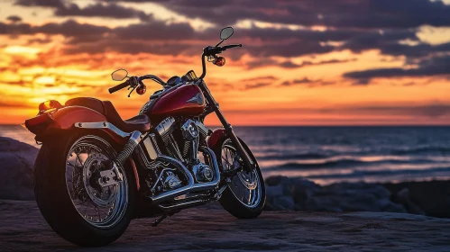 Red Motorcycle on the Beach at Sunset