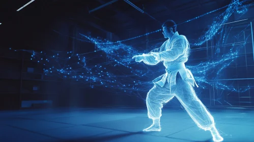 Glowing Karate Stance with Blue Energy