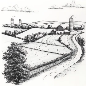 Monochrome Farm Scene with Barn and Silos